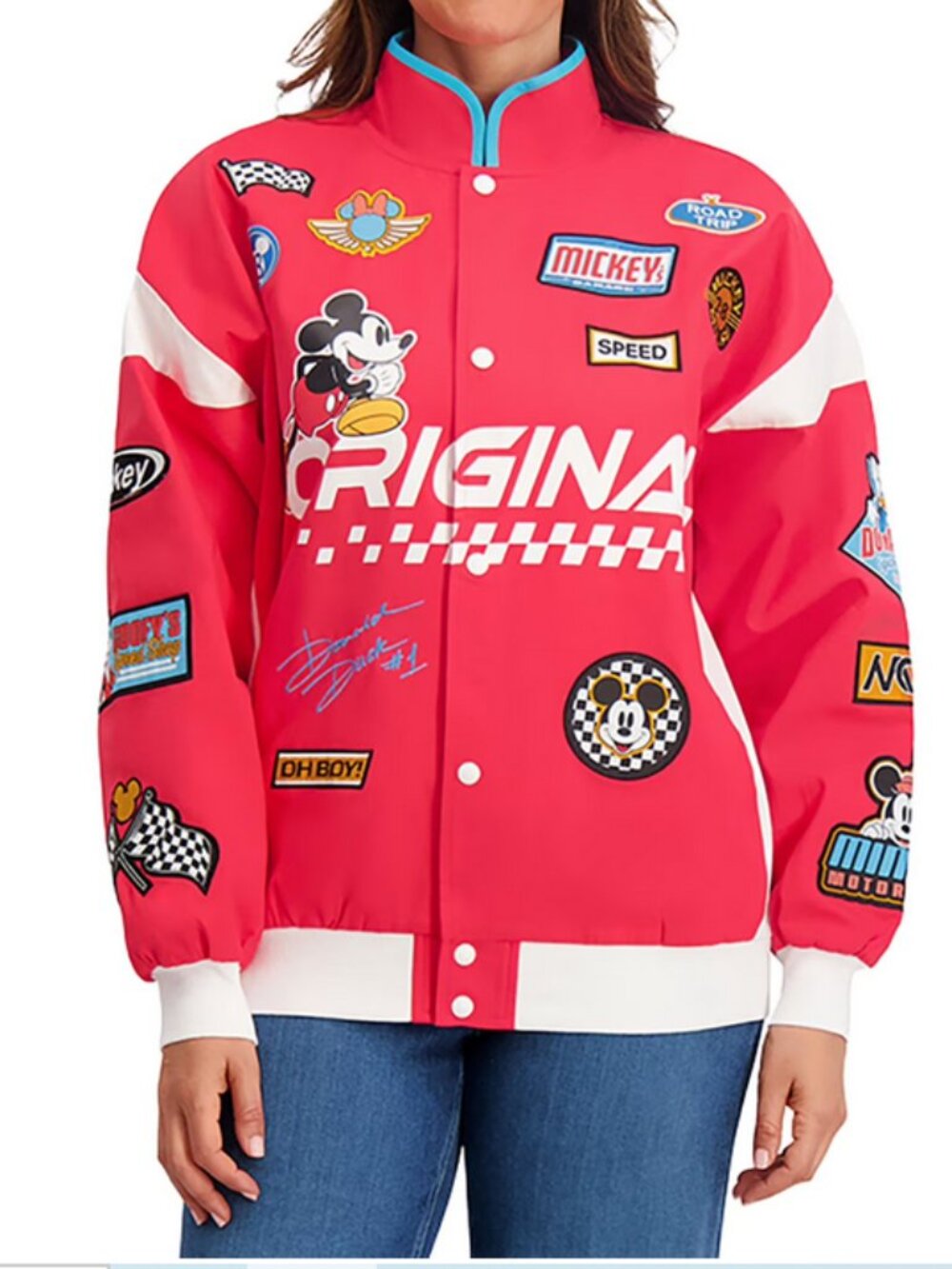 Women's Red 100% Cotton Moto Jacket Size Small Relaxed Fit Character Patch